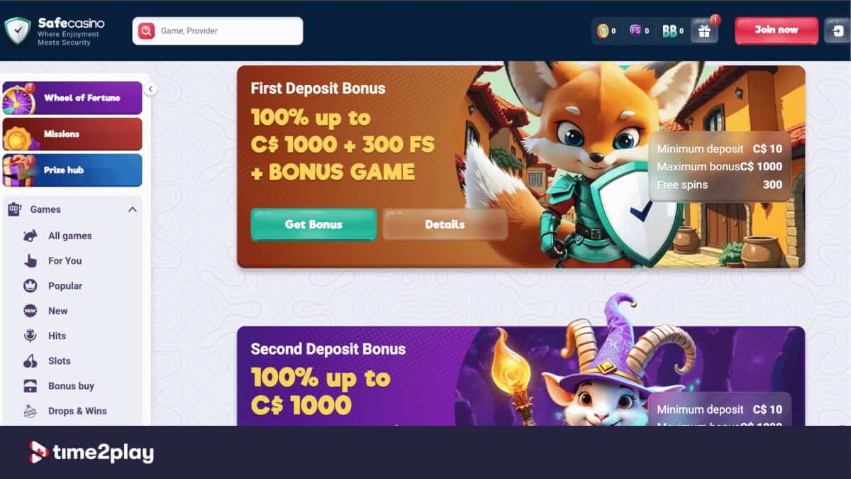 SafeCasino welcome bonus package