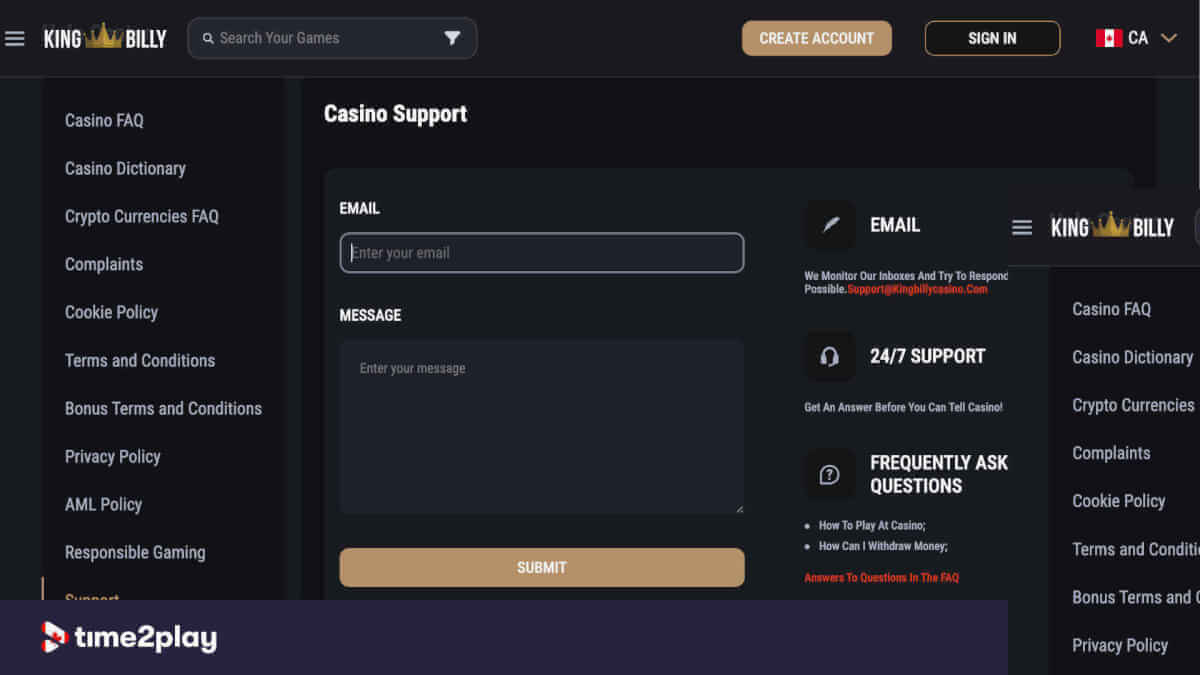 King Billy Casino customer support message system