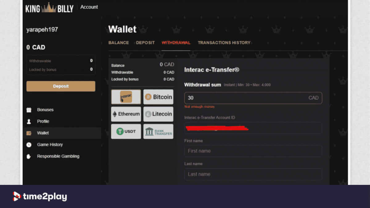 King Billy Casino wallet withdrawals
