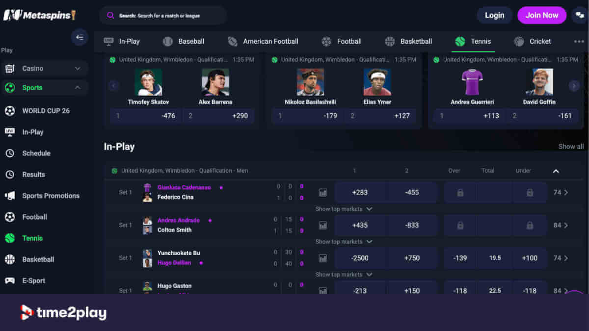 Metaspins sportsbook in-play hub for tennis