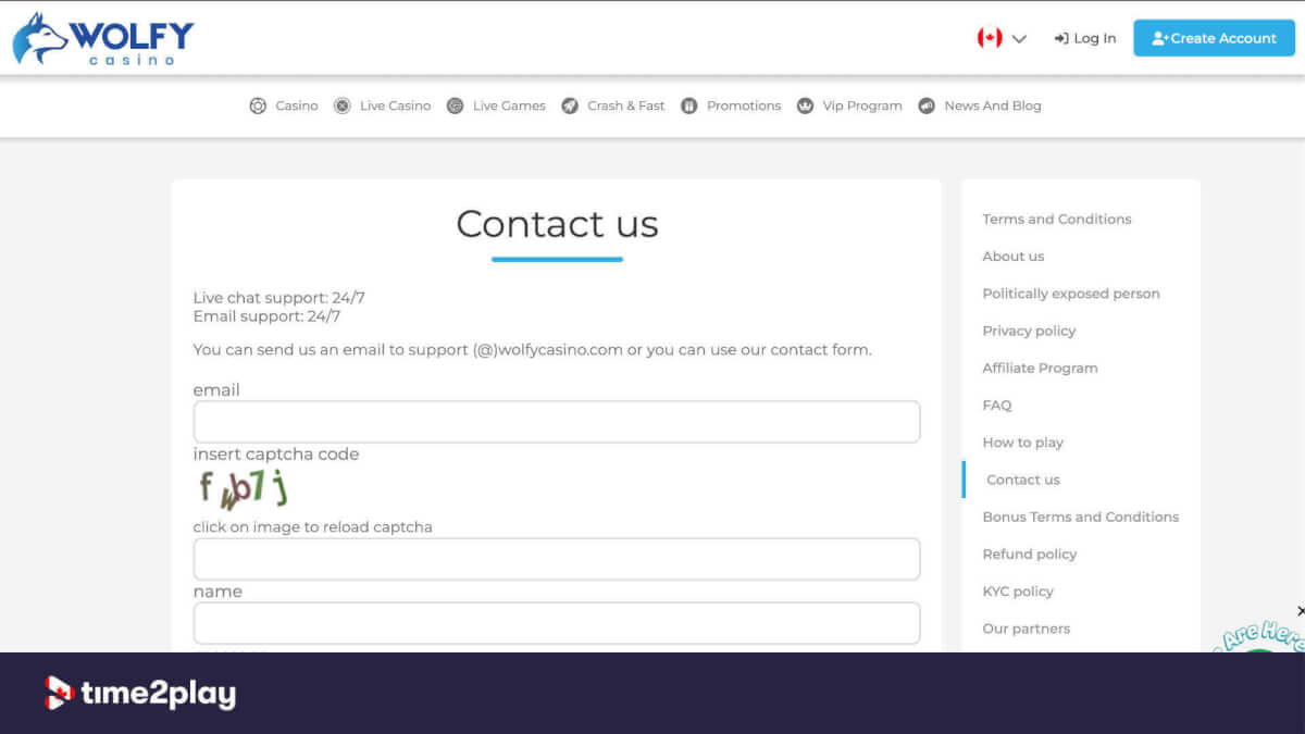 Wolfy Casino customer support contact form