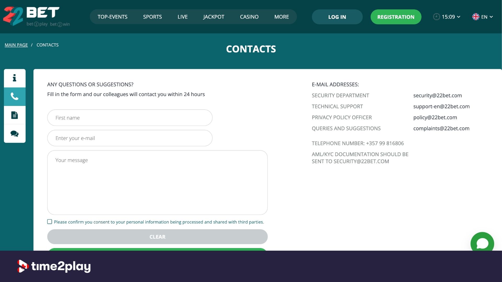22bet customer support contact page