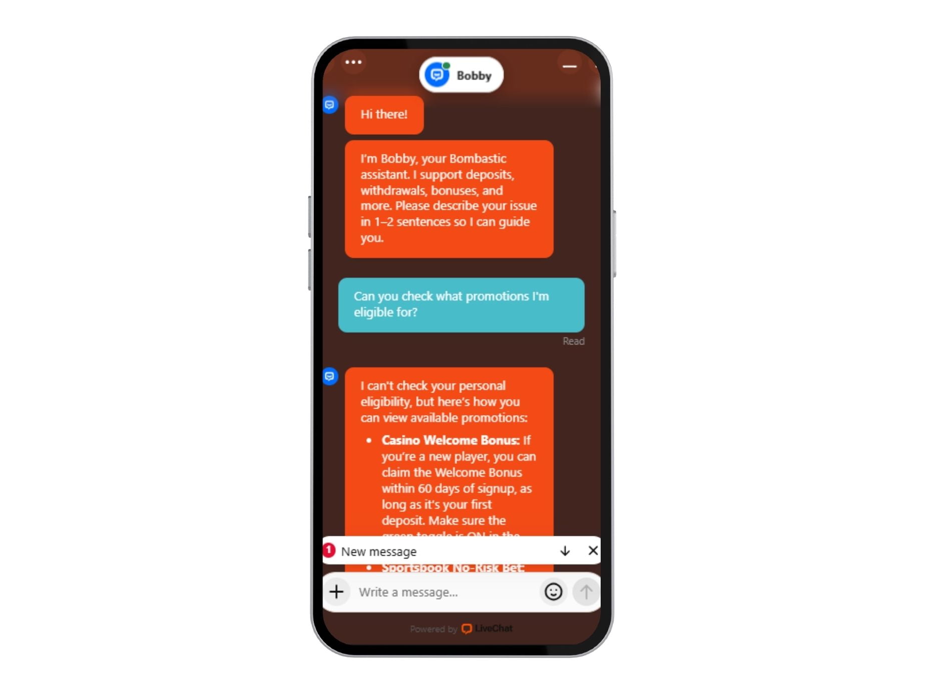 Live chat at Bombastic casino displayed on mobile