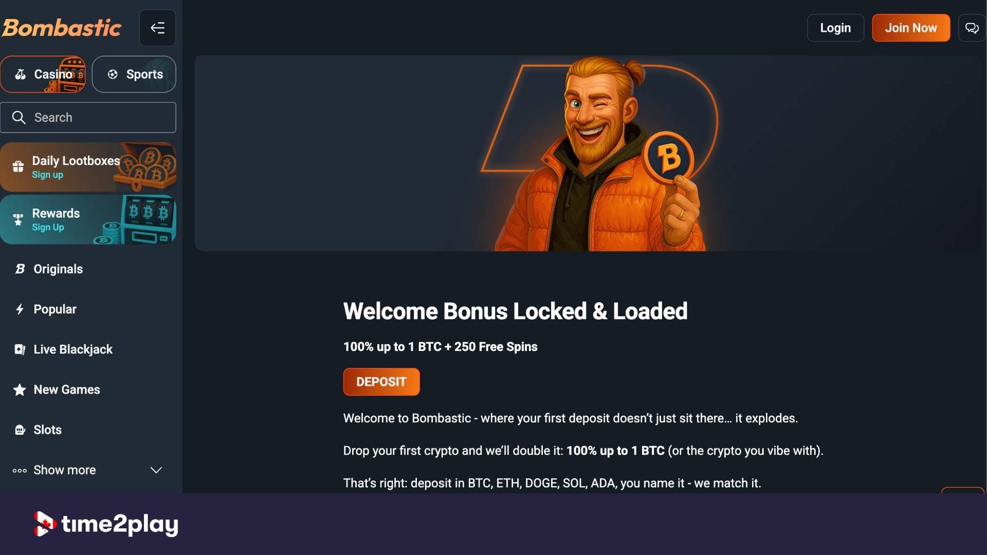 Bombastic casino's crypto welcome bonus