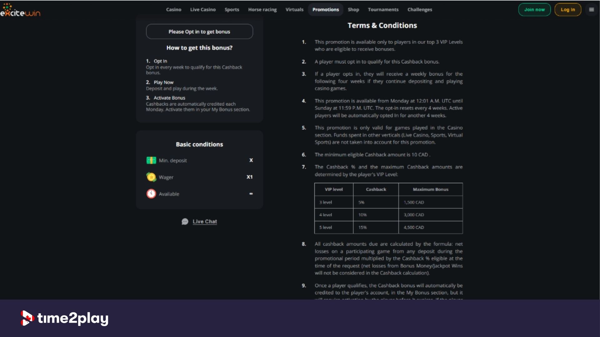 ExciteWin casino cashback bonus terms and conditions