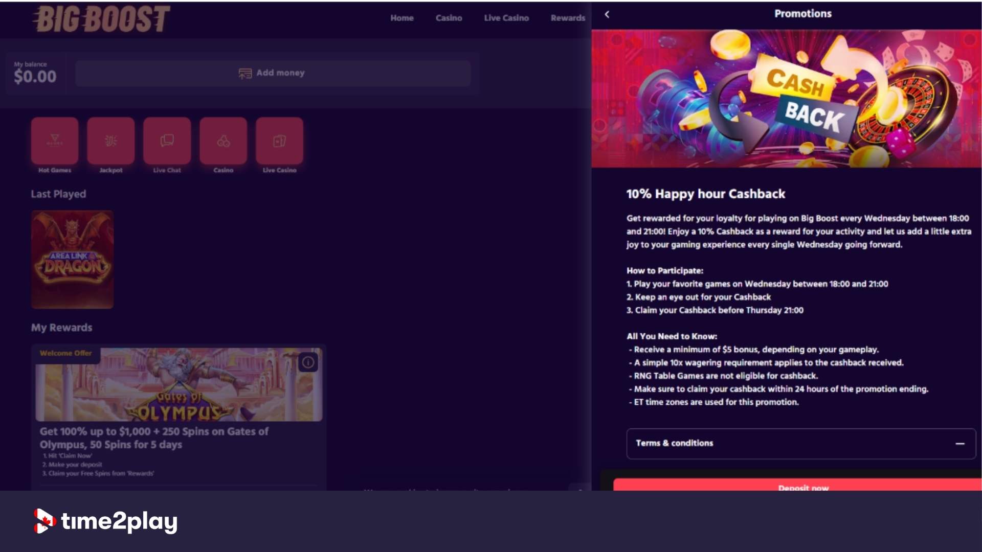 Big Boost casino cashback offer