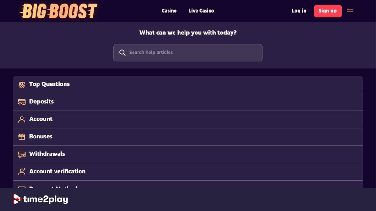Big Boost casino FAQ page