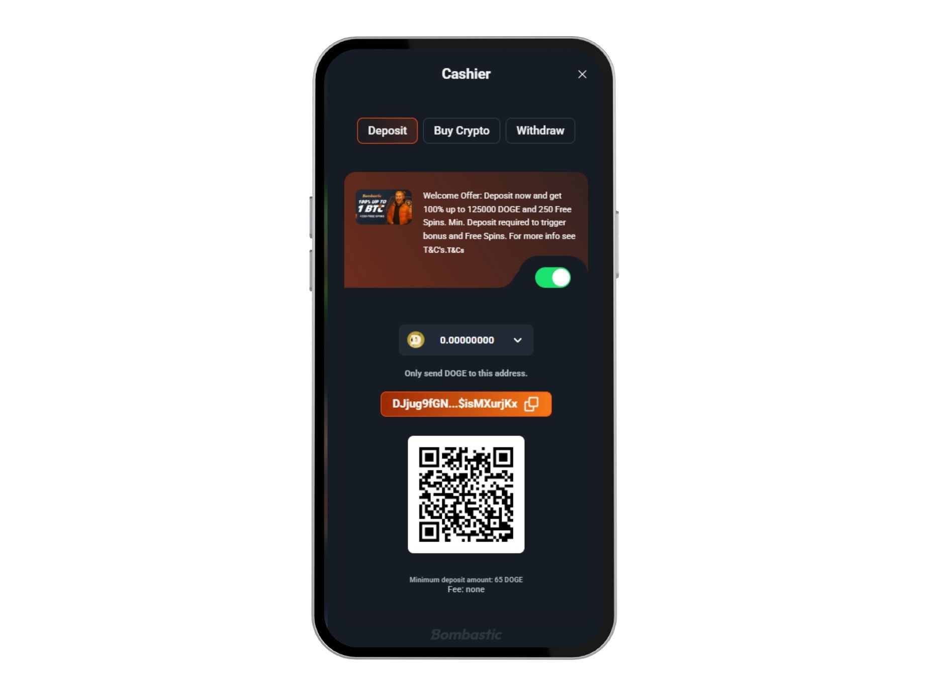 Cashier at Bombastic casino displayed on mobile