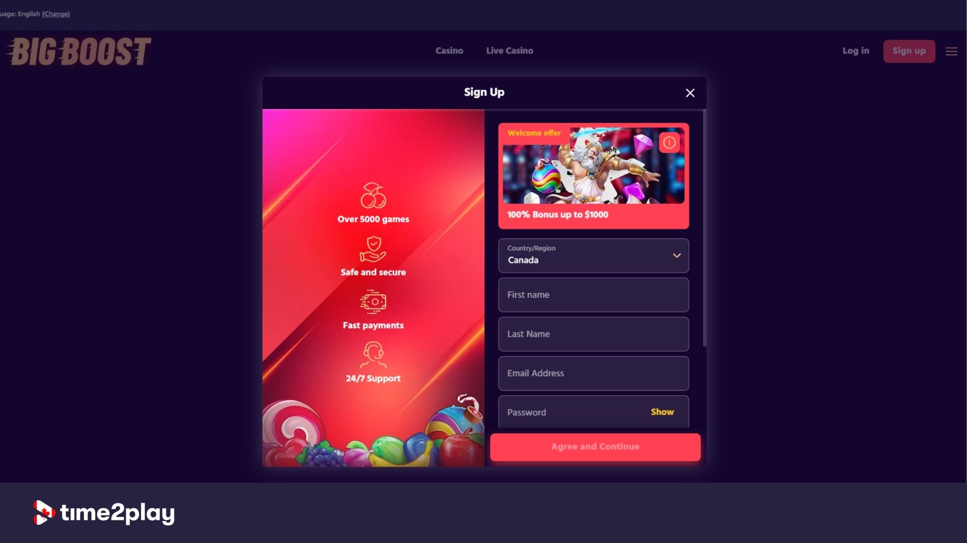 Big Boost casino account registration