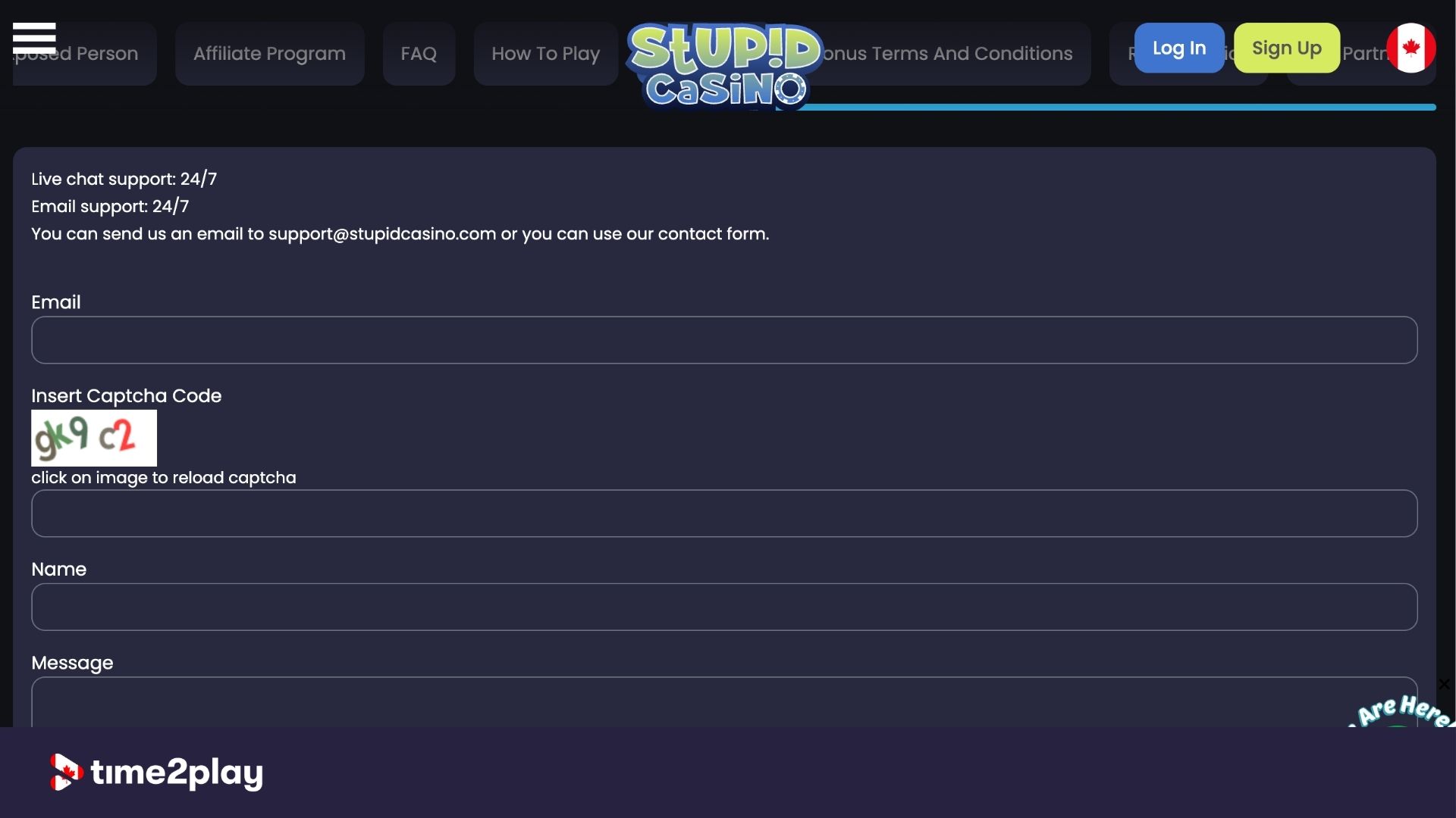Contact page at Stupid Casino