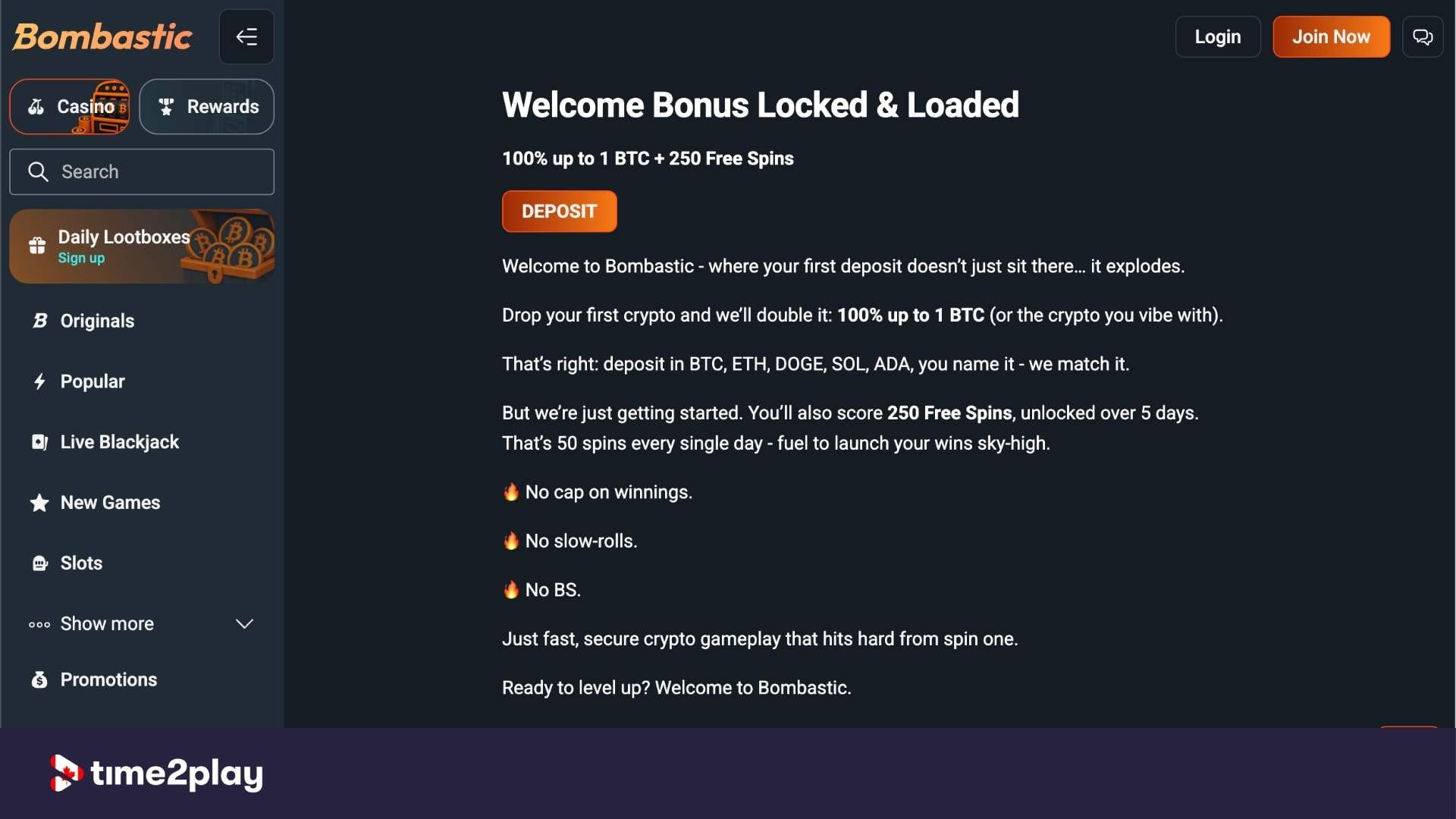 Bombastic casino's crypto-only welcome bonus