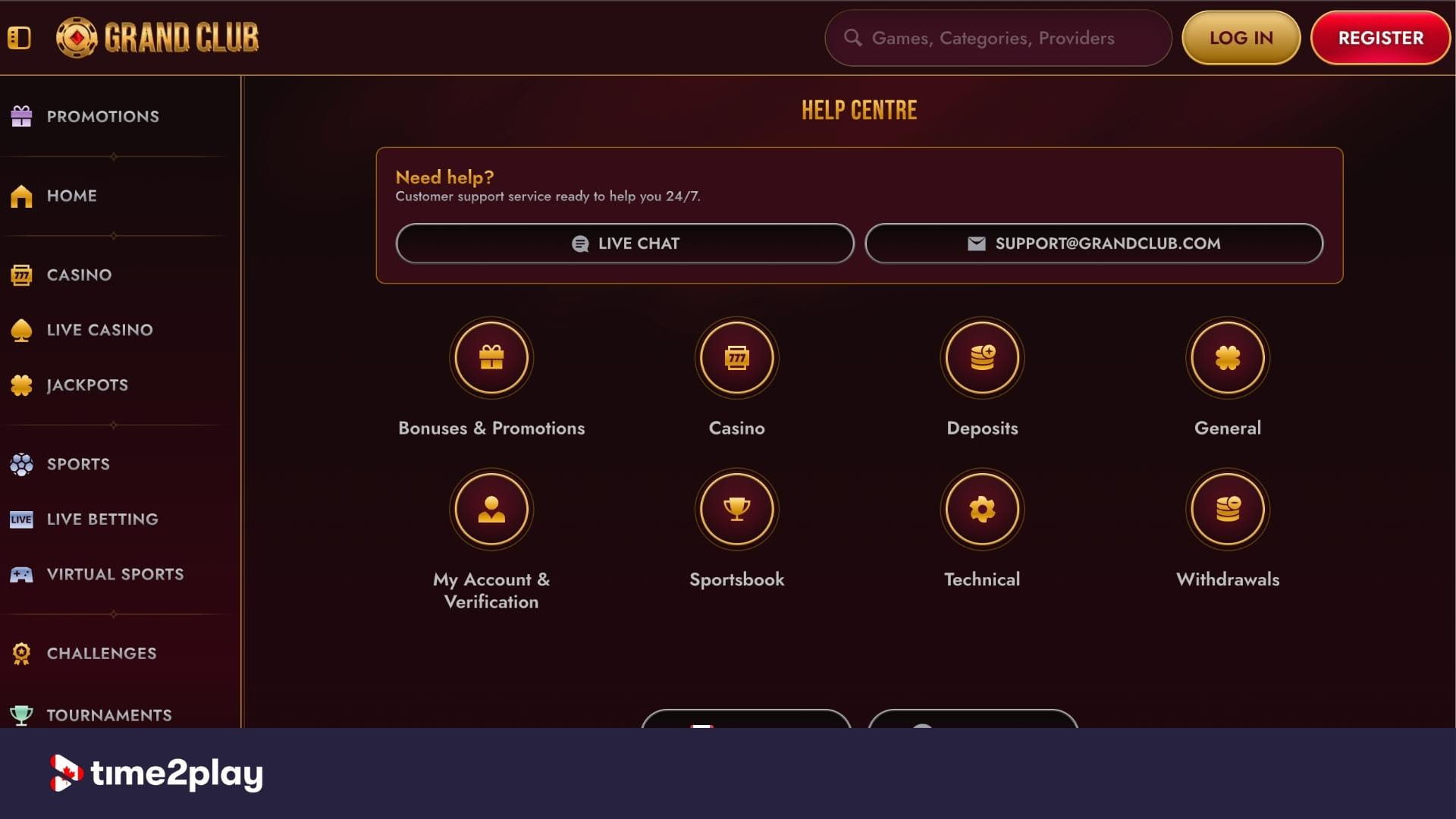GrandClub casino's help centre page