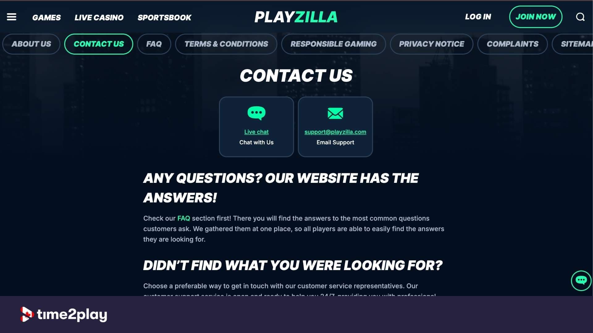 PlayZilla casino's contact us page
