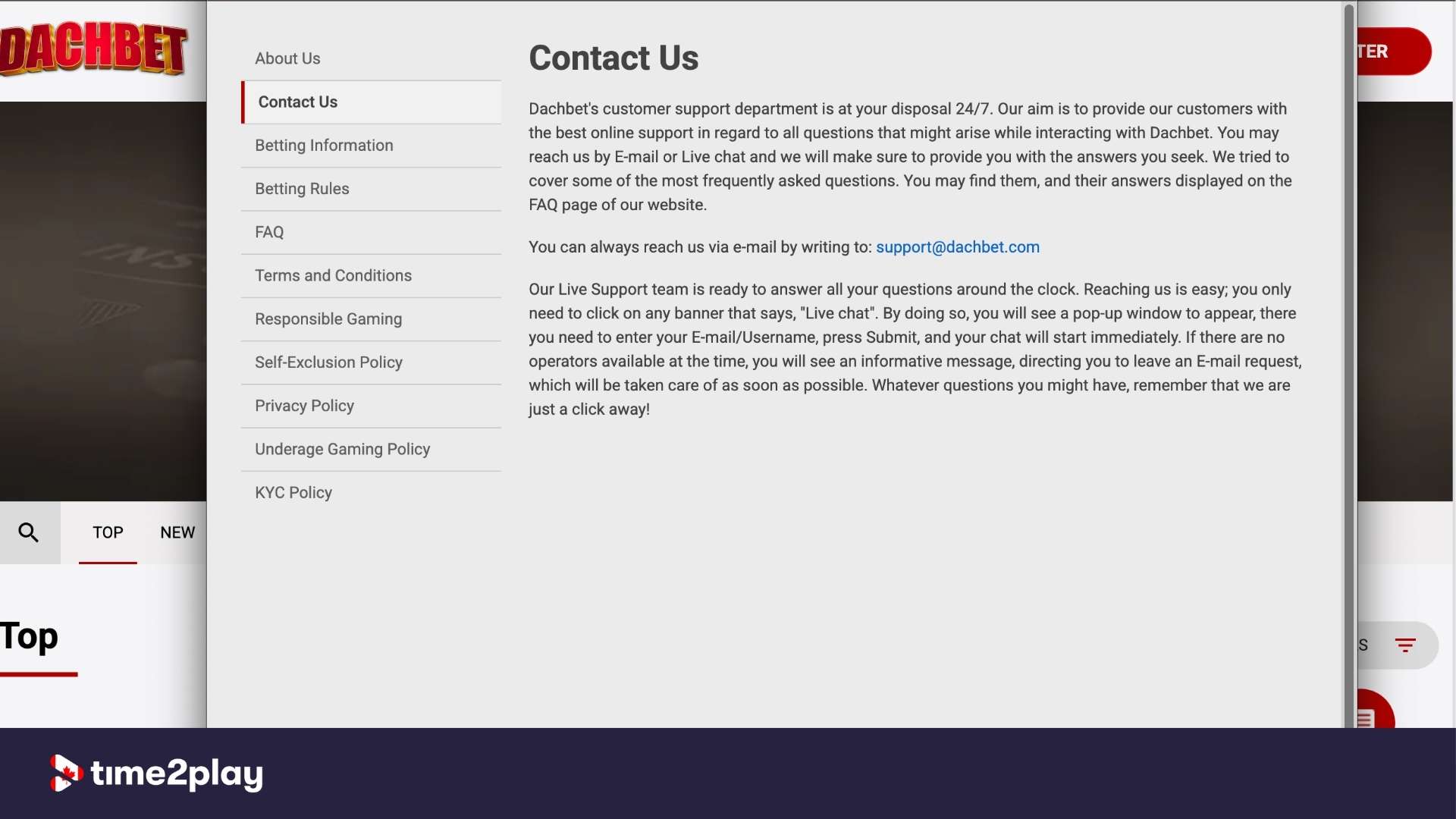Contact us page at Dachbet casino