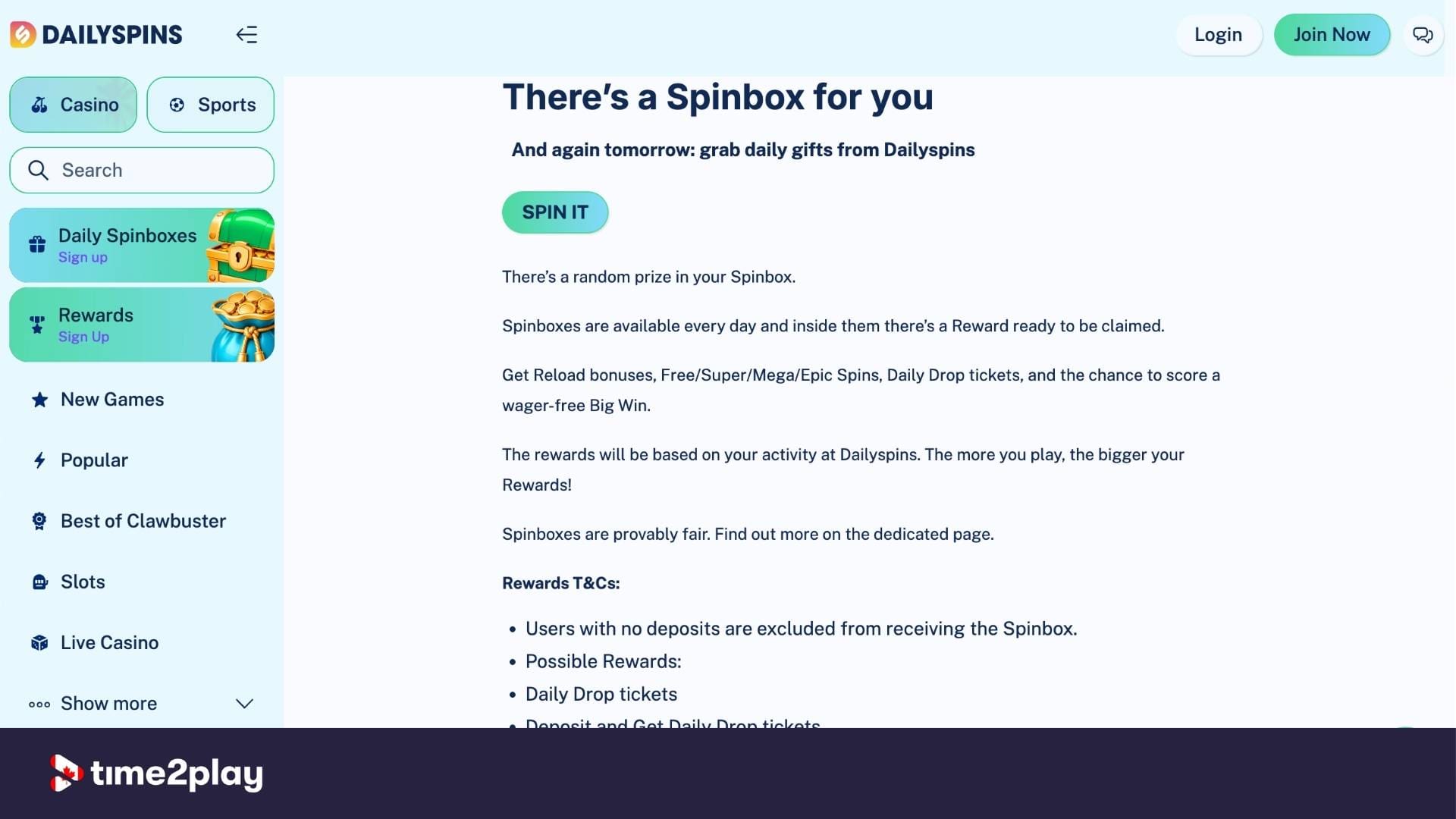 Dailyspin's Spinbox promo offer terms and conditions