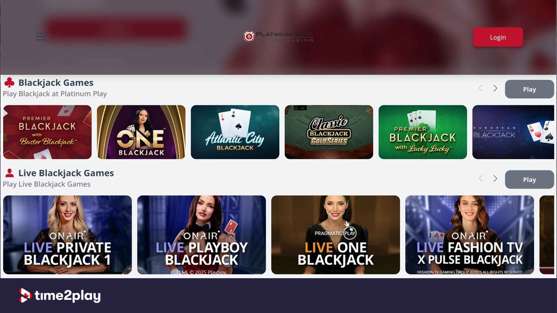 Table games selection at Platinum Play casino