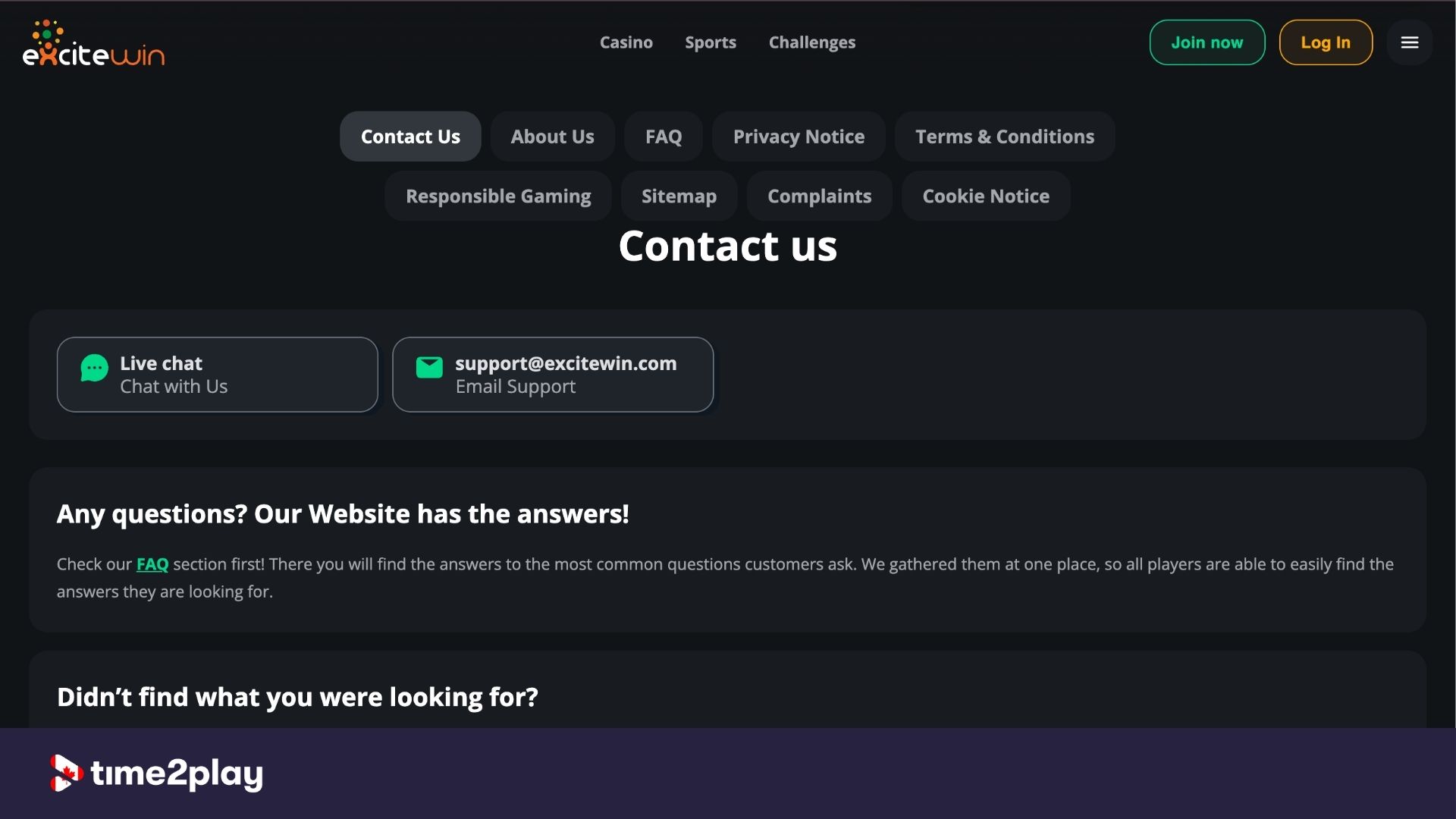 Contact us page at ExciteWin casino