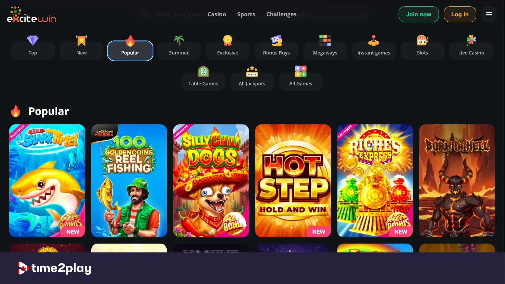 Popular casino games at ExciteWin