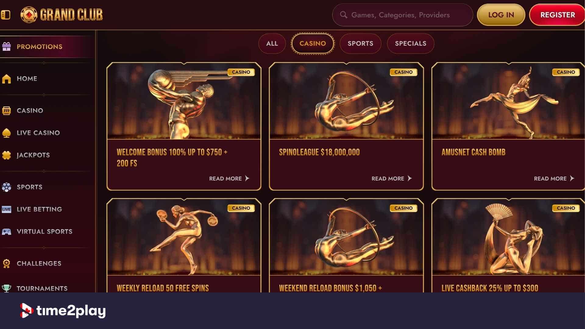 GrandClub casino's welcome bonus and ongoing offers page