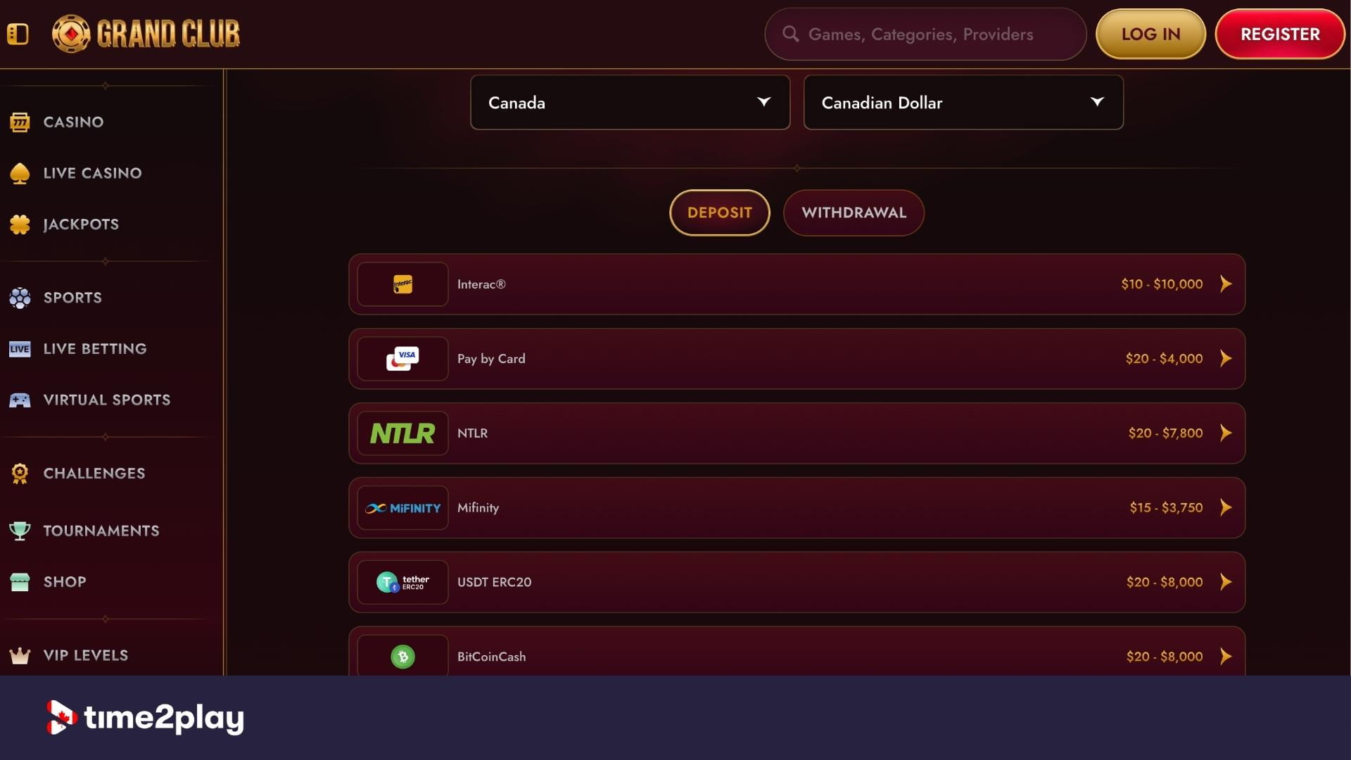 Deposit methods available at GrandClub casino