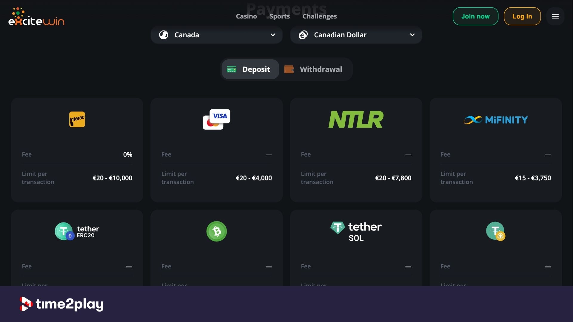 Casino deposit methods available at ExciteWin