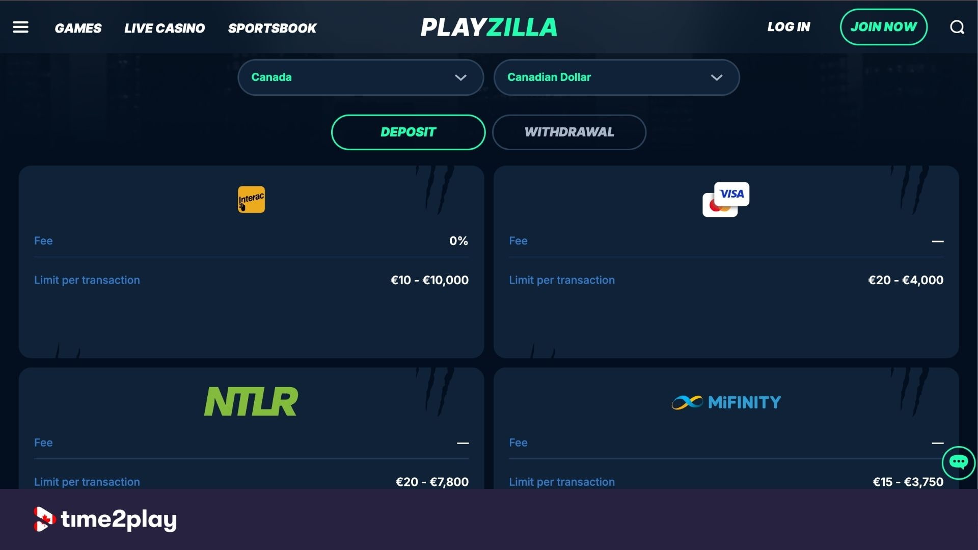 Deposit methods available at PlayZilla casino