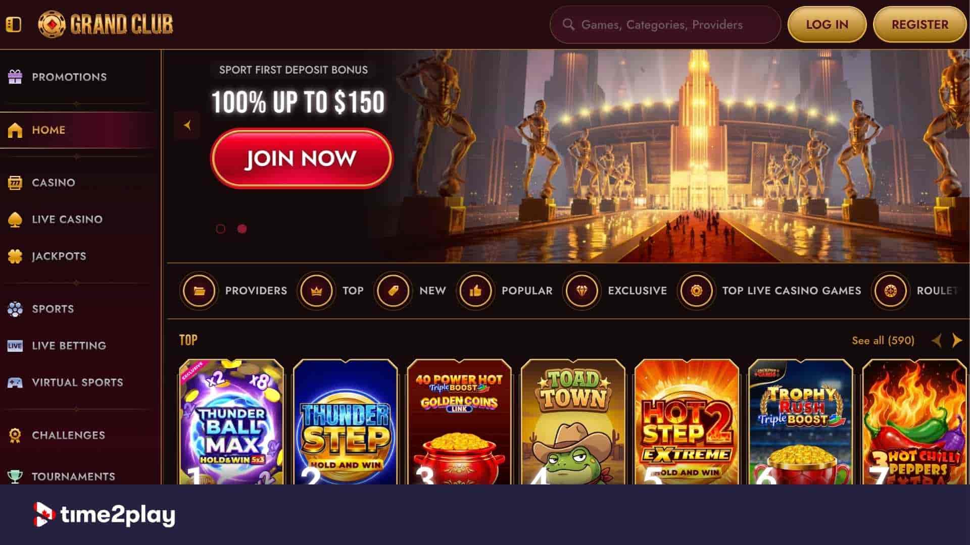 GrandClub casino's home page layout