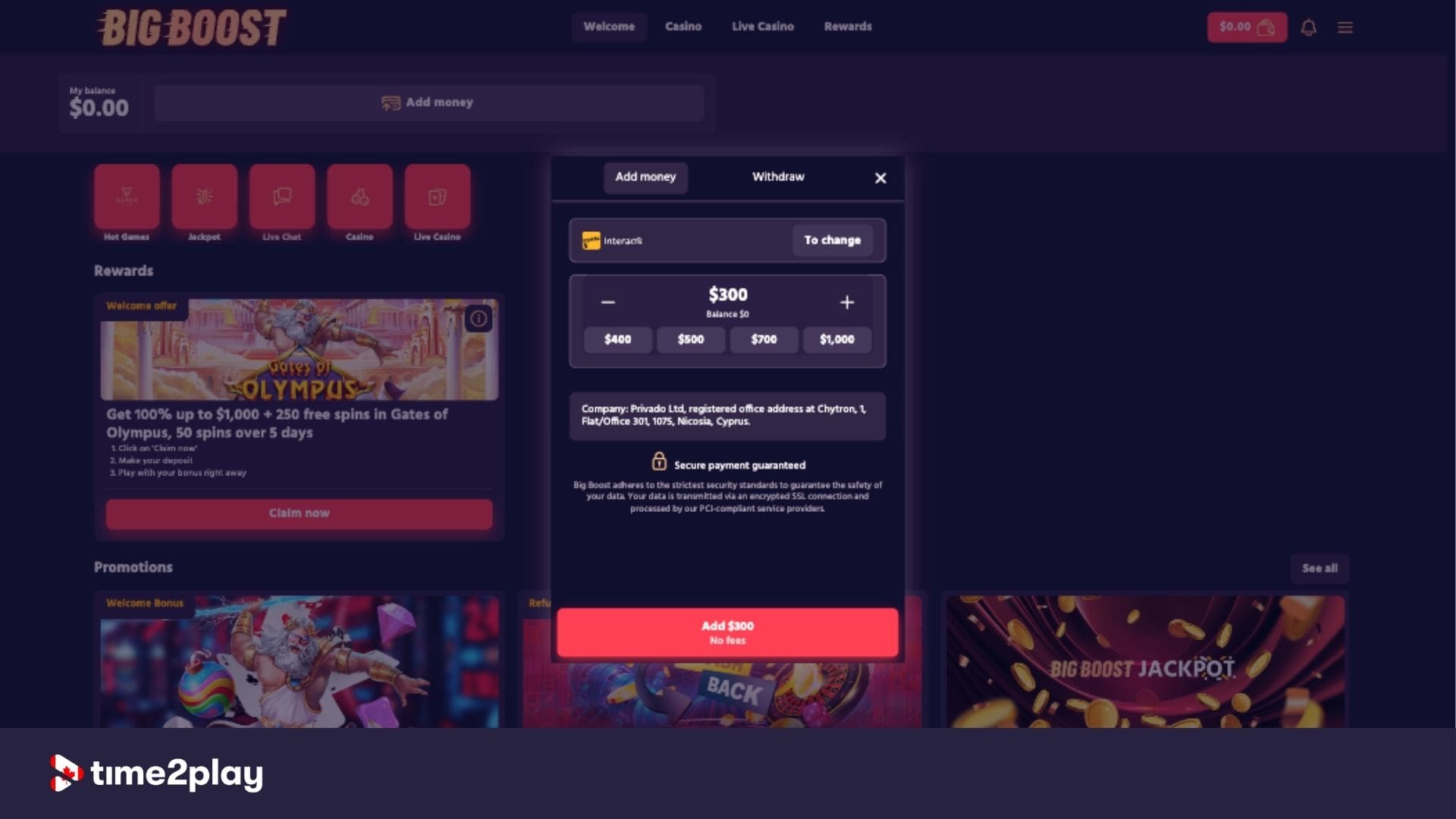 Deposit cashier at Big Boost casino