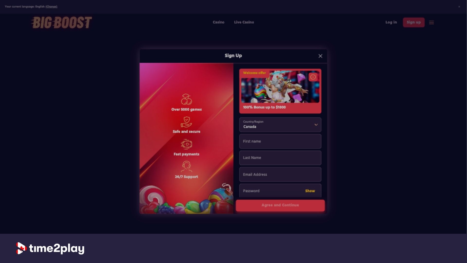 Big Boost casino's sign up page