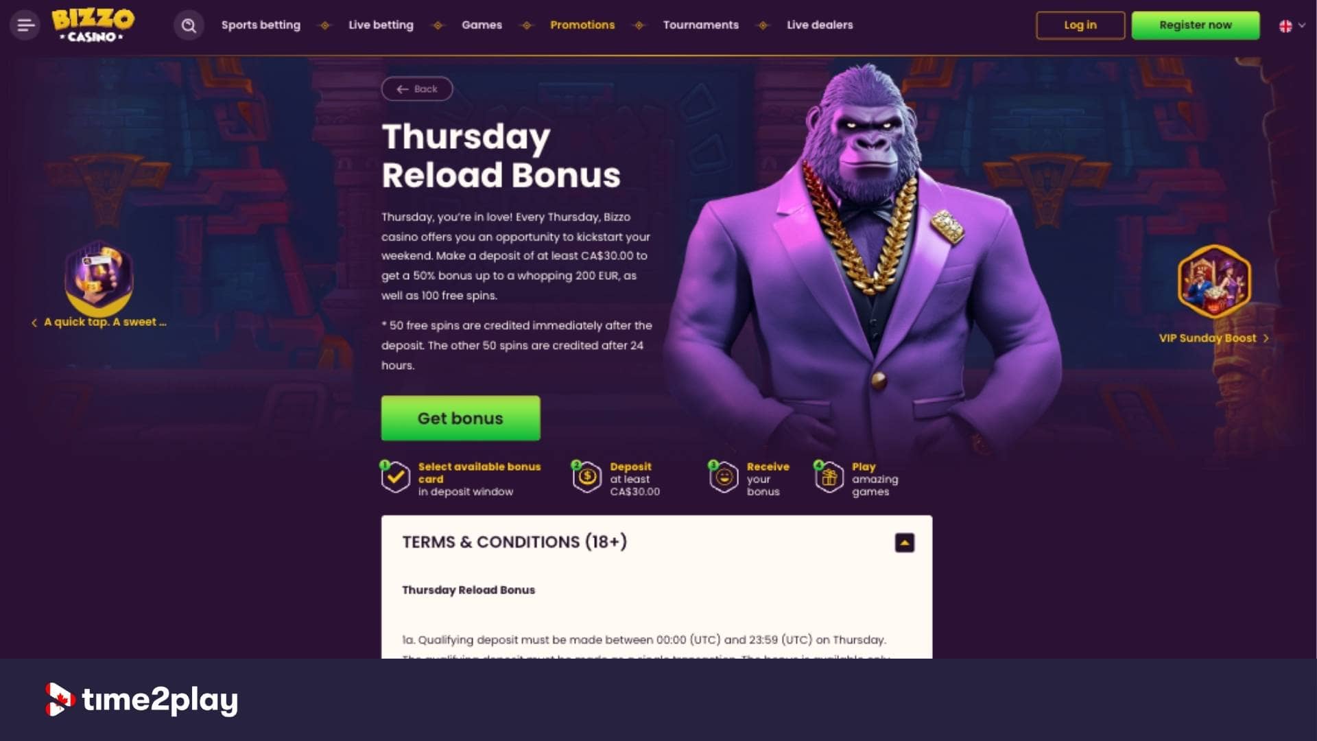 Bizzo Casino's reload bonus information page