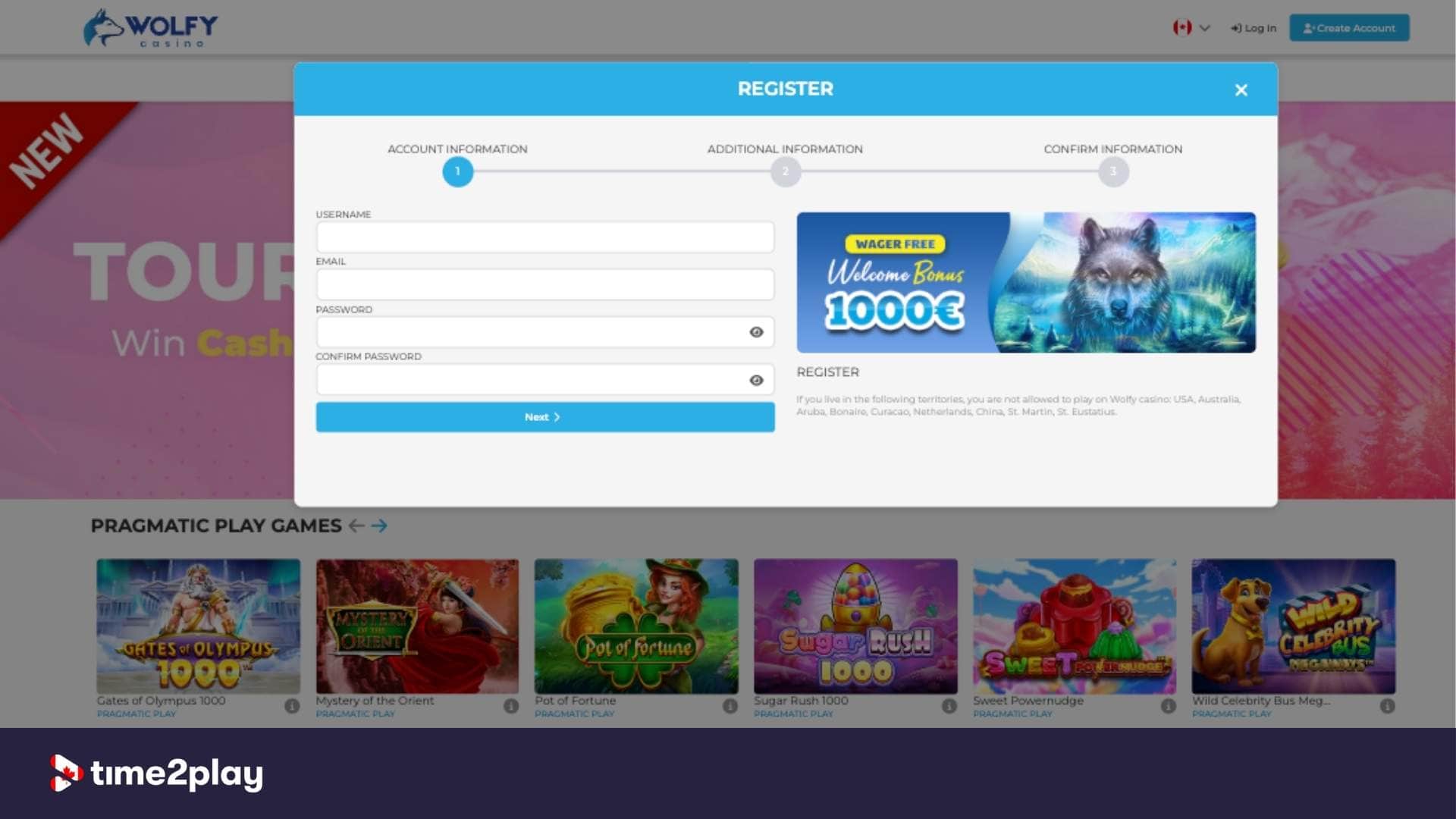 Wolfy Casino account registration page