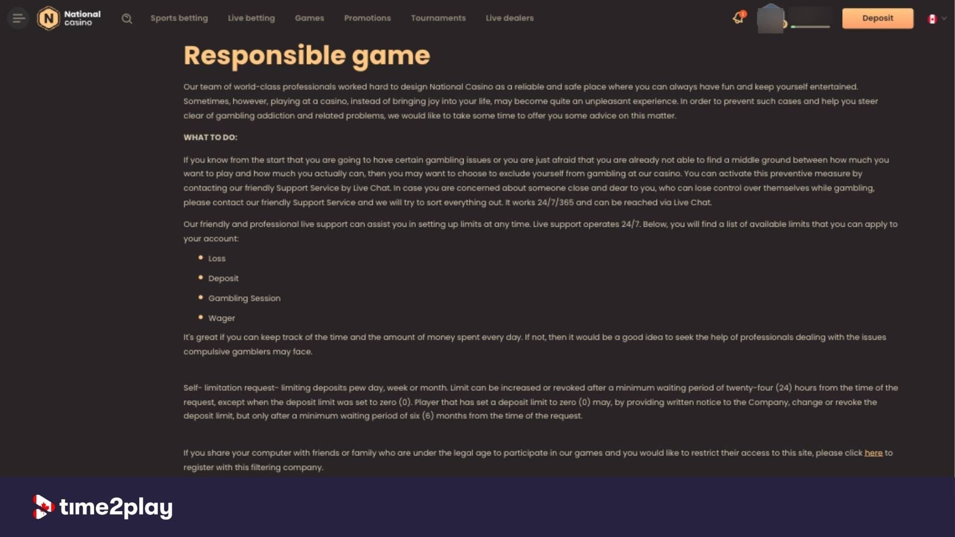 National Casino's responsible gambling page
