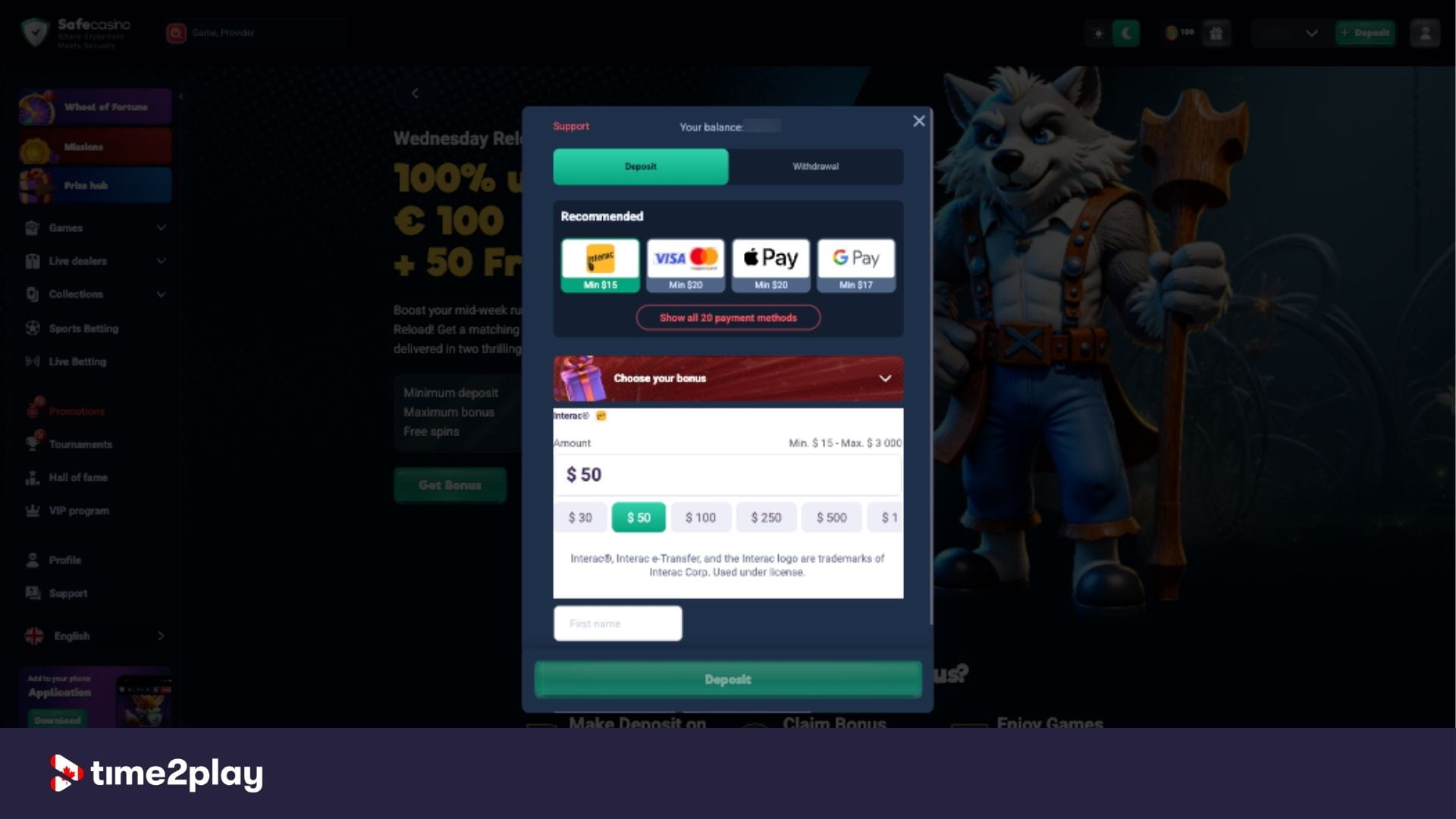 Cashier pop up at SafeCasino for deposits