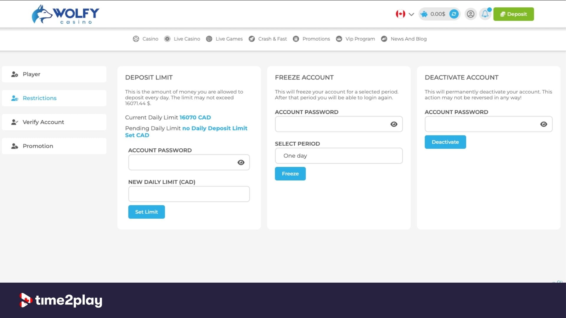 Wolfy Casino responsible account restrictions page