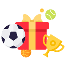 Gift box between football and trophy