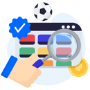 Magnifying glass in front of a display with a betting menu, a blue checkmark, and a soccer ball