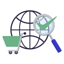 Globe icon with a magnifying glass and shopping cart