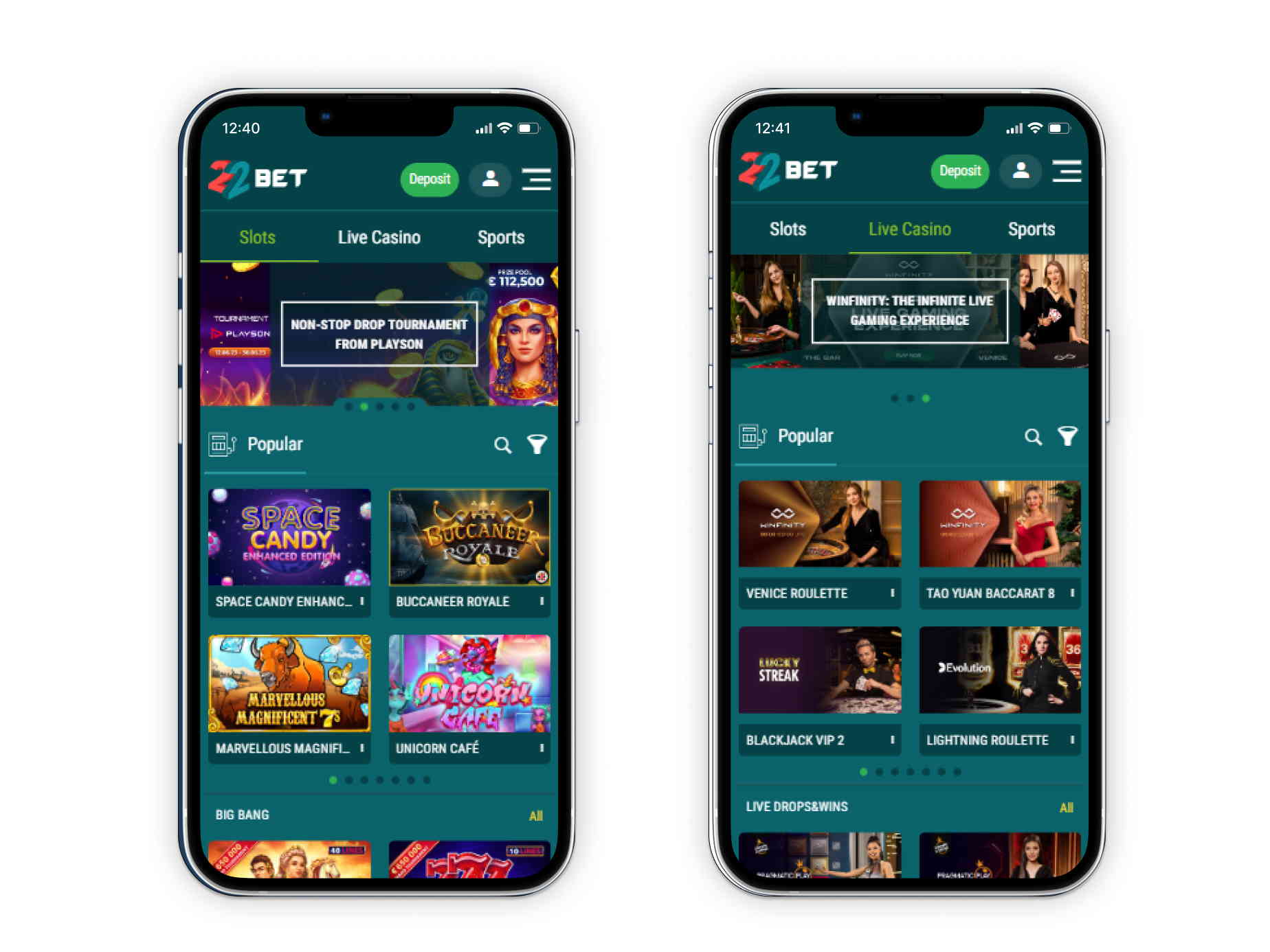 22Bet casino mobile screenshot