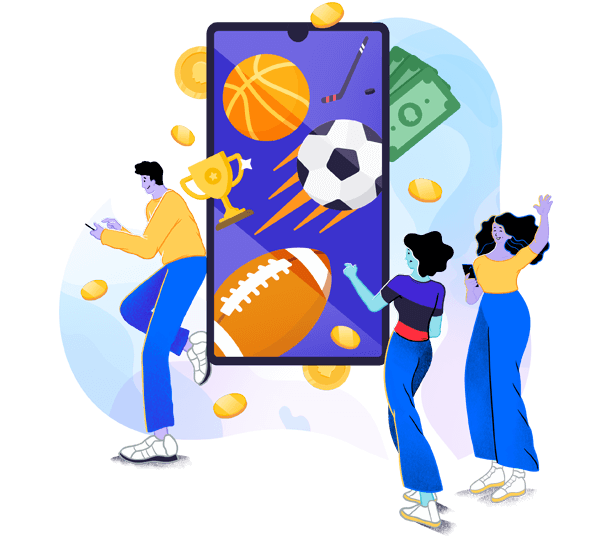 A group of friends making an online sports bet through a mobile app
