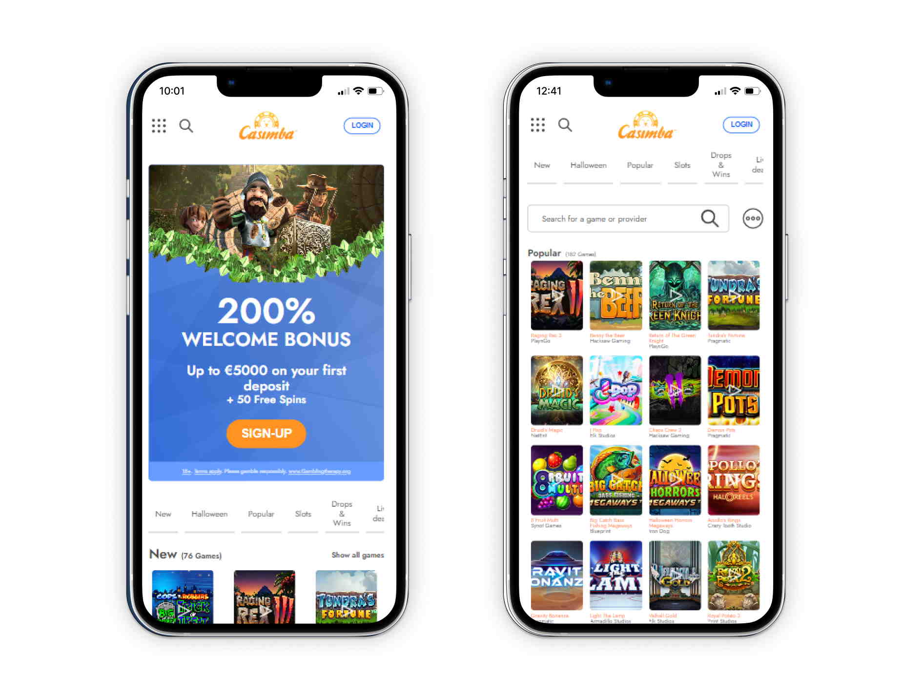 Casimba casino's landing page and game lobby in a mobile viewport