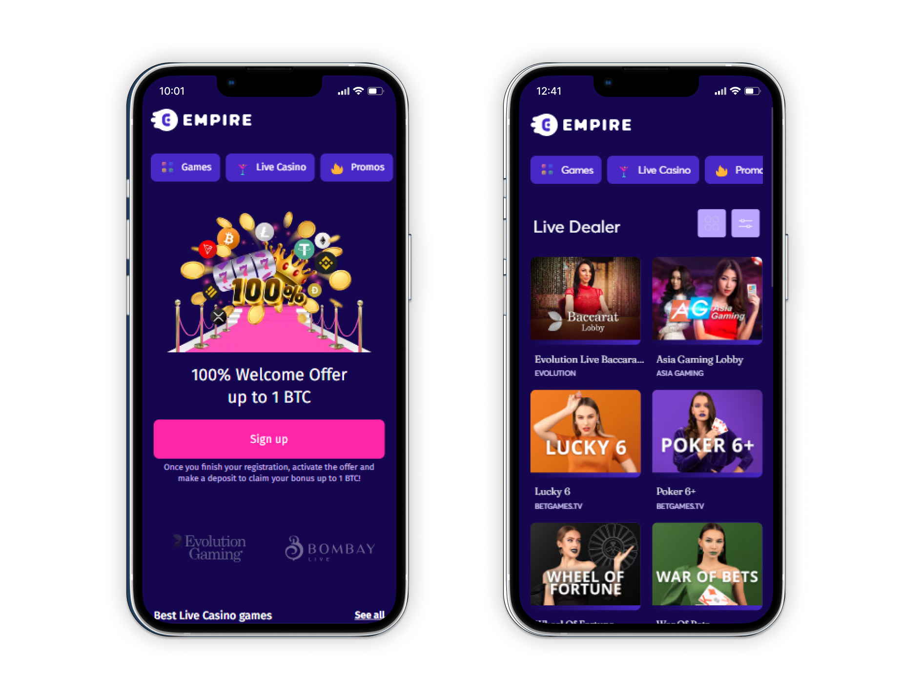 A view of Empire.io casino's games landing page and live dealer hub on mobile screens