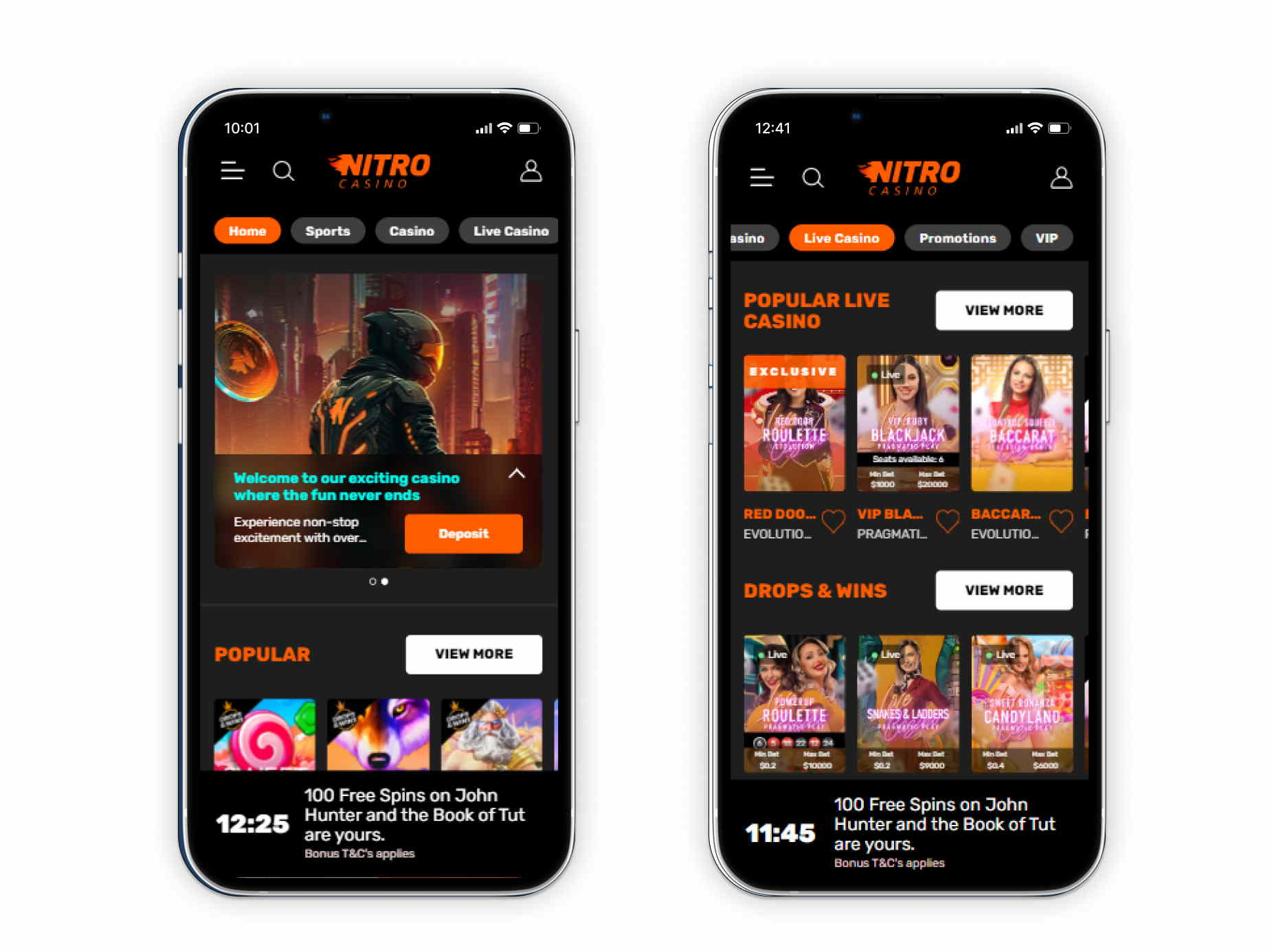 Nitro Casino's landing page and live casino lobby in a mobile viewport