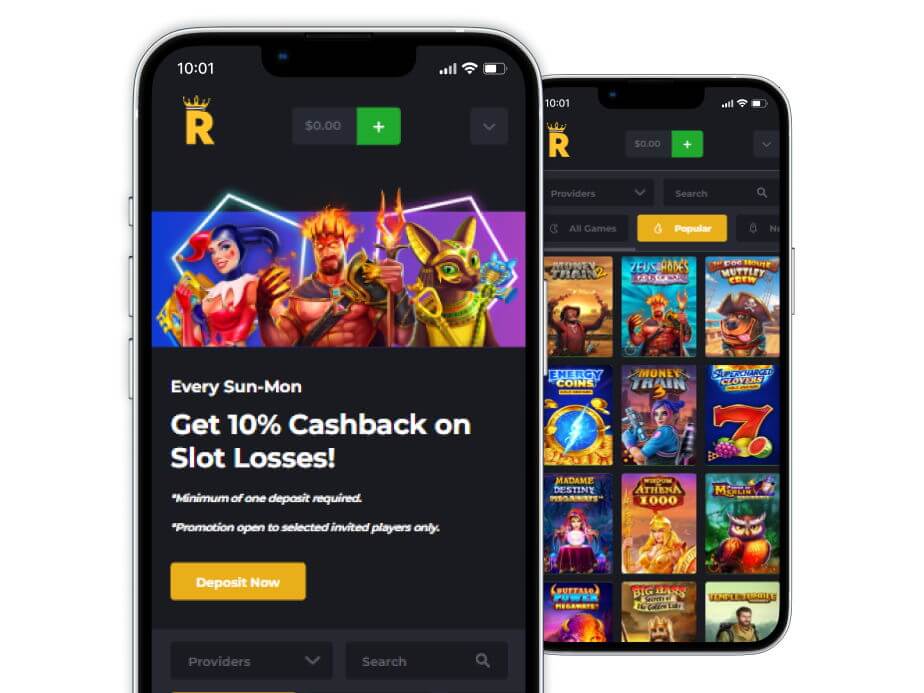 Royal Reels casino's homepage and games library on two mobile screens