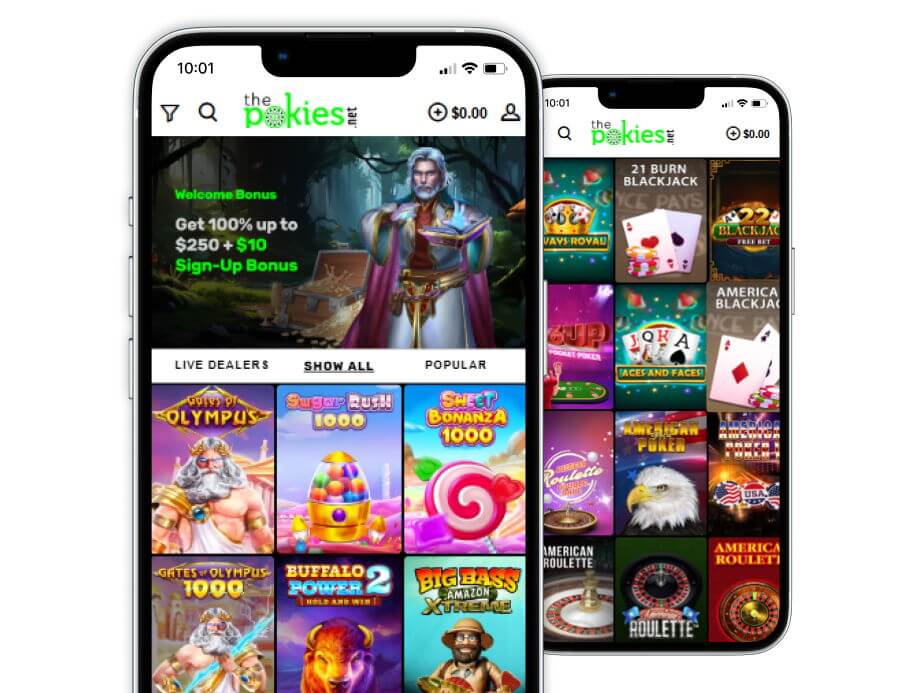 The Pokies' slot and live-casino landing pages on two mobile screens