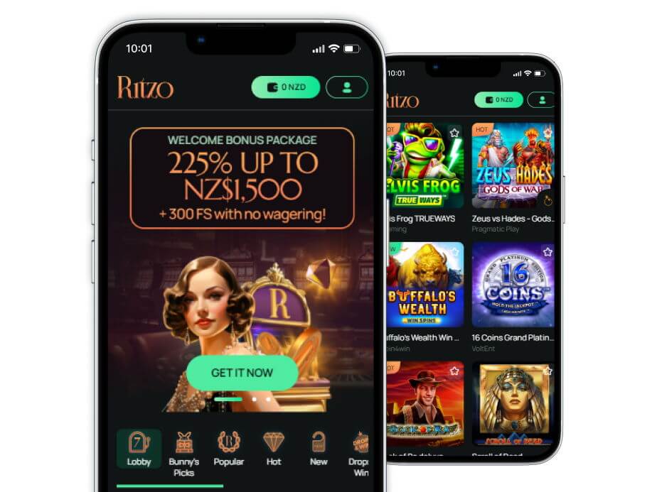 Mobile screens displaying Ritzo online casino welcome bonus package and games lobby