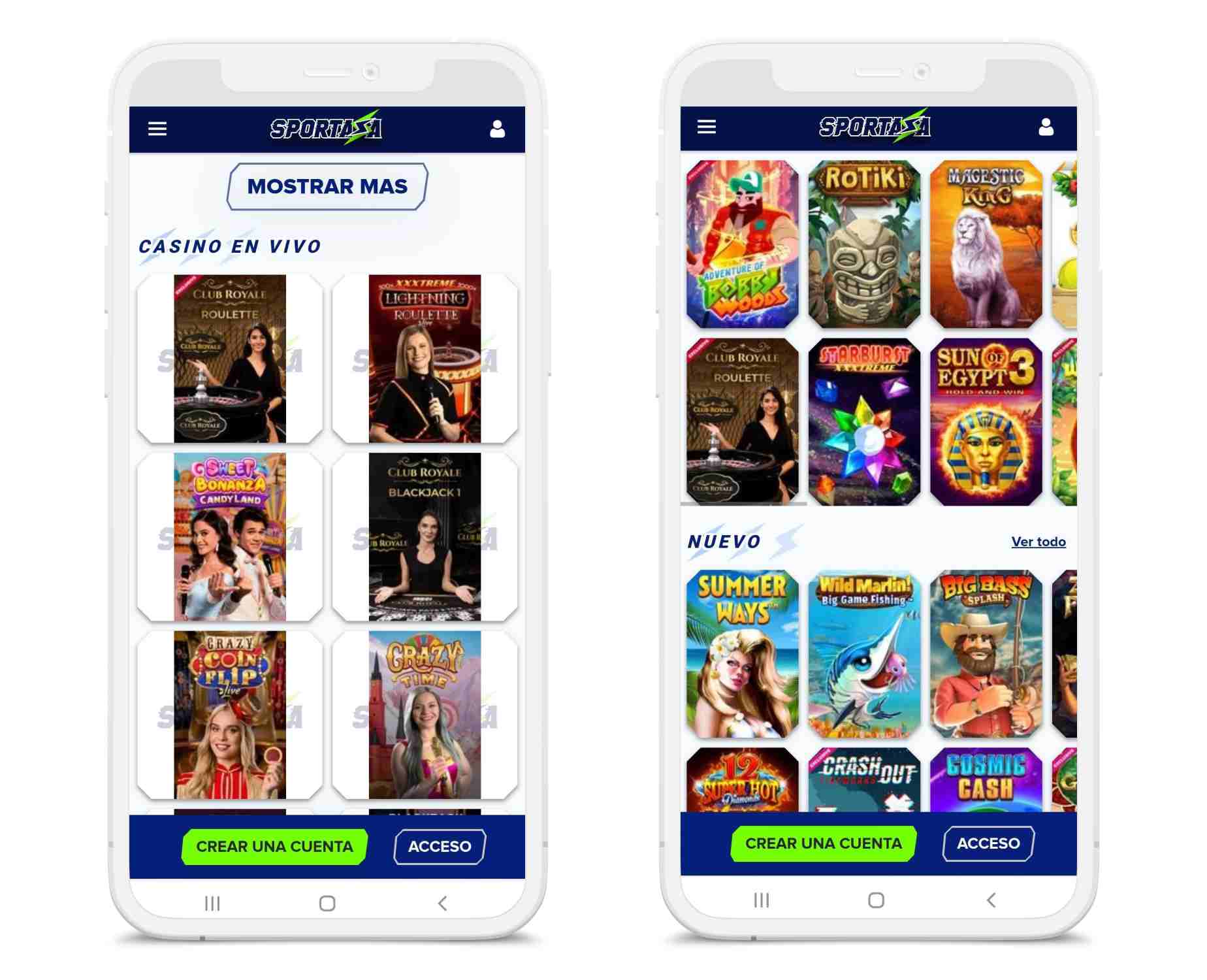 Dos dispositivos móviles con la página de Sportaza casino en sus pantallas