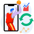 Dispositivo móvil con persona lanzando balón de basketball y un gráfico con tendencia en subida a la derecha