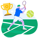 Persona jugando tenis y un trofeo en la esquina superior izquierda