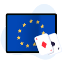 Dispositivo móvil con la bandera de la Unión Europera en su pantalla, junto a dos naipes