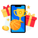 balón de baloncesto y copa sobre móvil rodeados de cajas de regalo